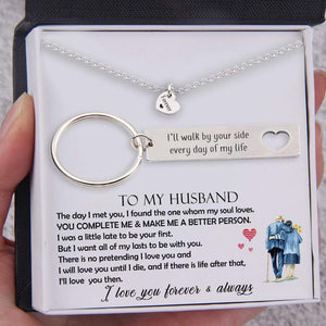 Heart Necklace & Keychain Gift Set - To My Husband, I'll Walk By Your Side Every Day Of My Life - Gnc14003