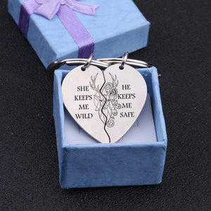 Heart Puzzle Keychain - Hunting Lovers - She Keeps Me Wild - He Keeps Me Safe - Gkf14006