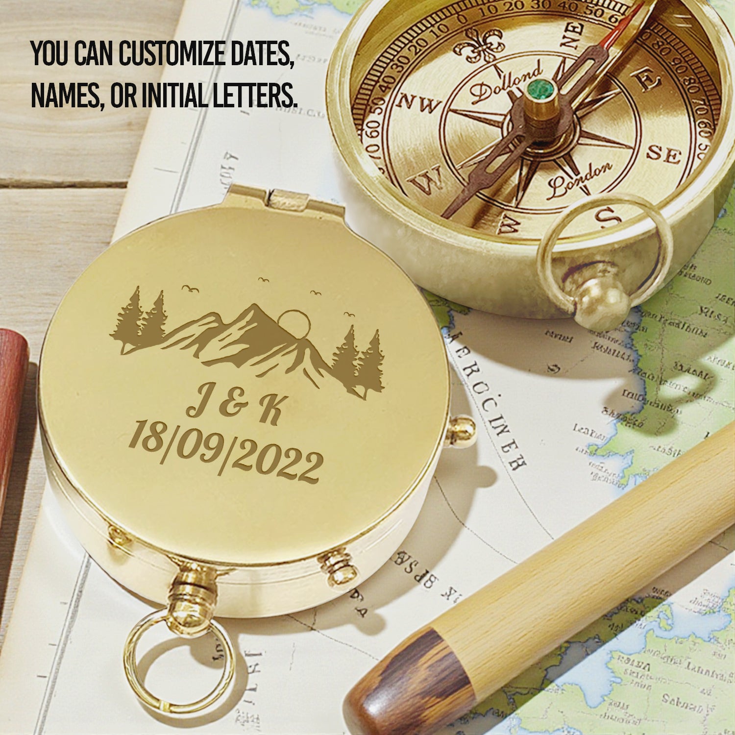 Personalized Engraved Bronze Compass - Handmade 1 year Anniversary Gift for Couples | Custom Name, Date - Gpb26273