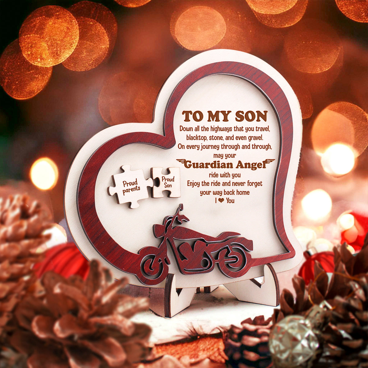 Wooden Motorcycle Heart Sign - Biker - To My Son - Enjoy The Ride And Never Forget Your Way Back Home - Gan16005