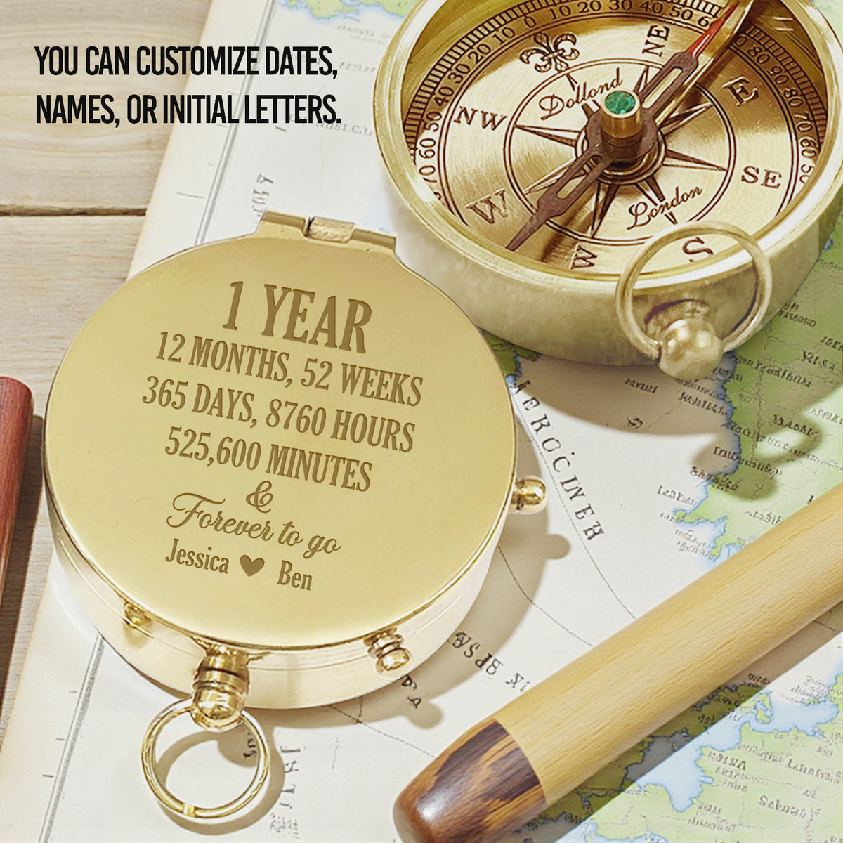 Personalized Engraved Bronze Compass - Handmade 1 year Anniversary Gift for Couples | Custom Name, Date - Gpb26261