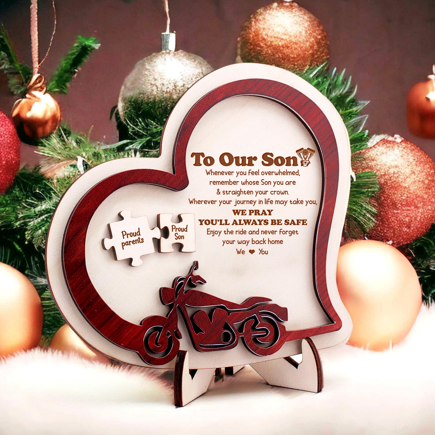 Wooden Motorcycle Heart Sign - Biker - To Our Son - We Pray You'll Always Be Safe - Gan16001