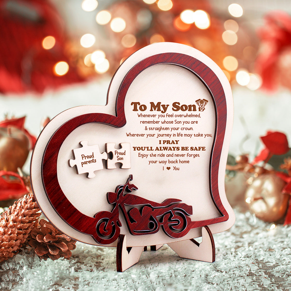 Wooden Motorcycle Heart Sign - Biker - To My Son - Enjoy The Ride And Never Forget Your Way Back Home - Gan16002