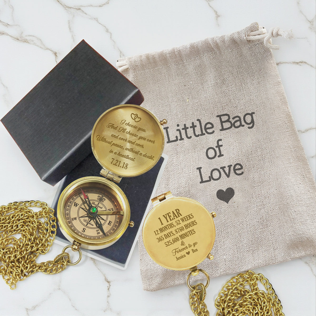 Personalized Engraved Bronze Compass - Handmade 1 year Anniversary Gift for Couples | Custom Name, Date - Gpb26261