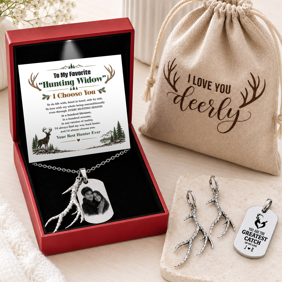 Personalized Antler Photo Necklace For Her - Meaningful Hunting Gift - Gngm13007