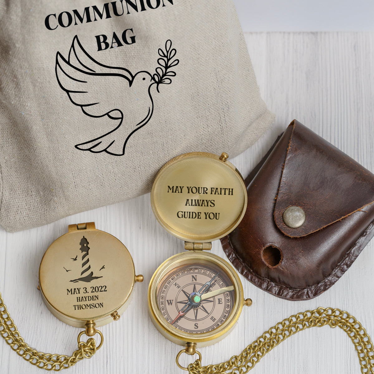 One Step with Faith, Forever Guided - May Your Faith Always Guide You - Baptism & Communion Compass + Free Personalized Communion Bag - Gpb16083