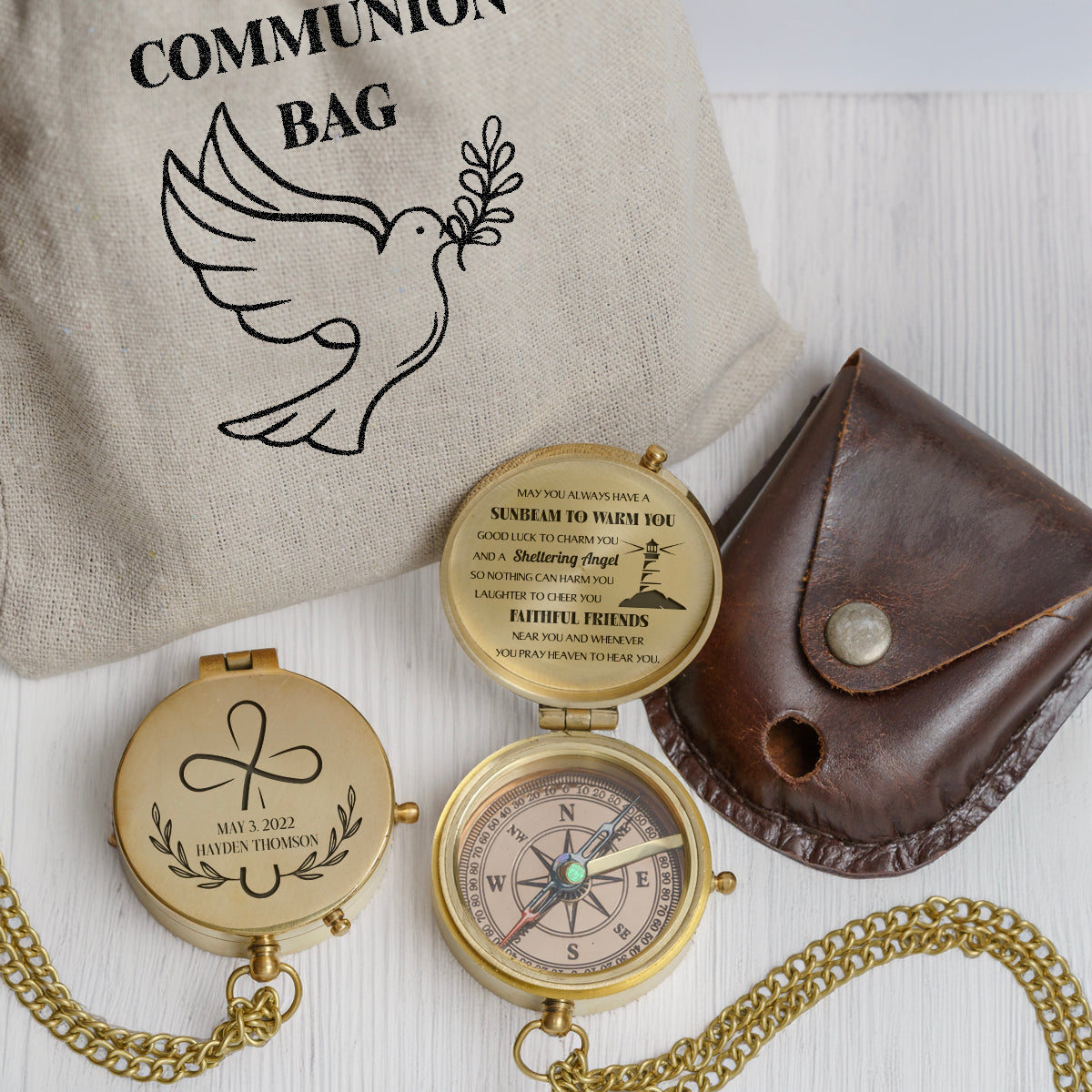 One Step with Faith, Forever Guided - Whenever You Pray Heaven To Hear You - Baptism & Communion Compass + Free Personalized Communion Bag - Gpb16085