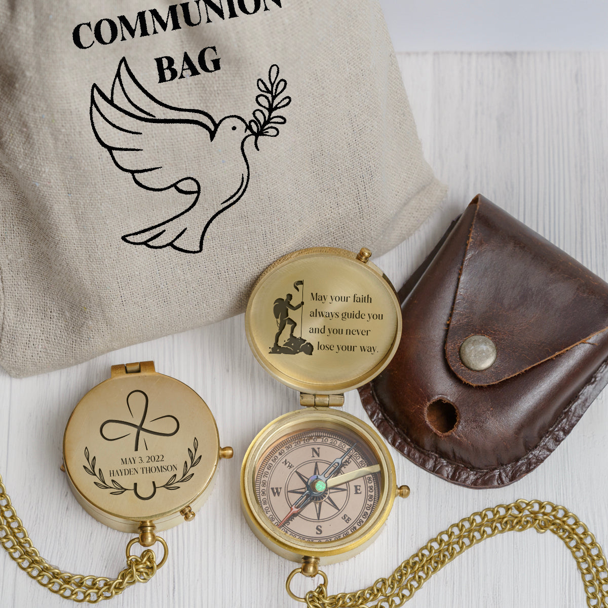 One Step with Faith, Forever Guided - May Your Faith Always Guide You - Baptism & Communion Compass + Free Personalized Communion Bag - Gpb16084