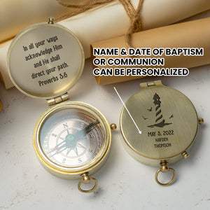 One Step with Faith, Forever Guided - In All Your Ways Acknowledge Him - Baptism & Communion Compass + Free Personalized Communion Bag - Gpb16081