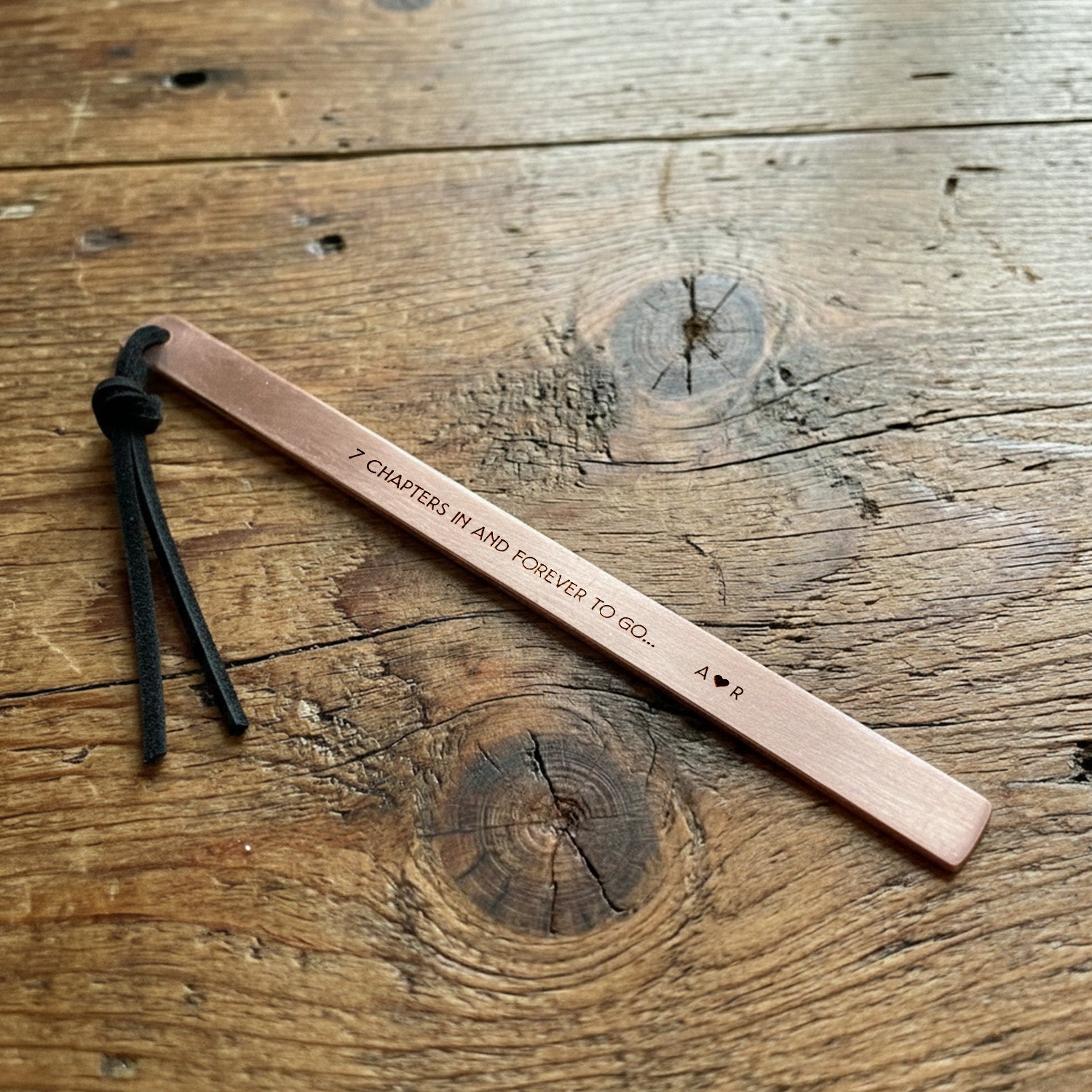 Personalized 7th Anniversary Copper Bookmark - Hand-Stamped "7 Chapters In And Forever To Go" - Gdk26004