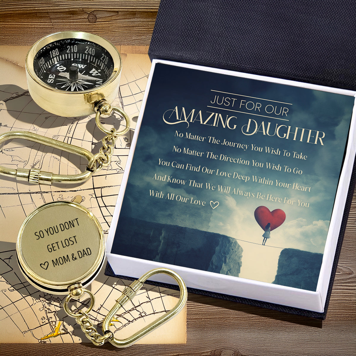 Personalized Brass Compass Keychain - Family - Just For Our Amazing Daughter - With All Our Love - Gkqj17005