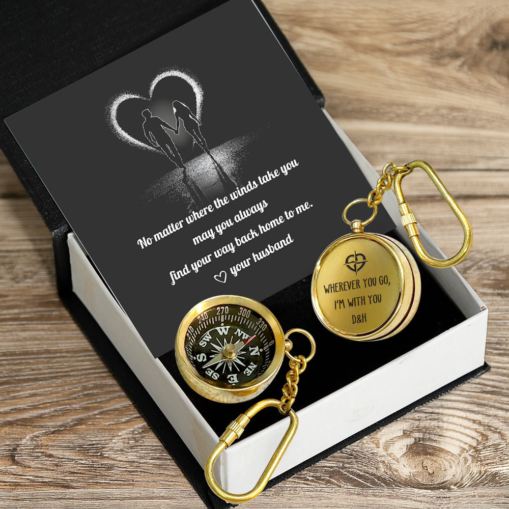 Personalized Brass Compass Keychain - Family - To My Wife - Wherever You Go, I’m With You - Gkqj15005