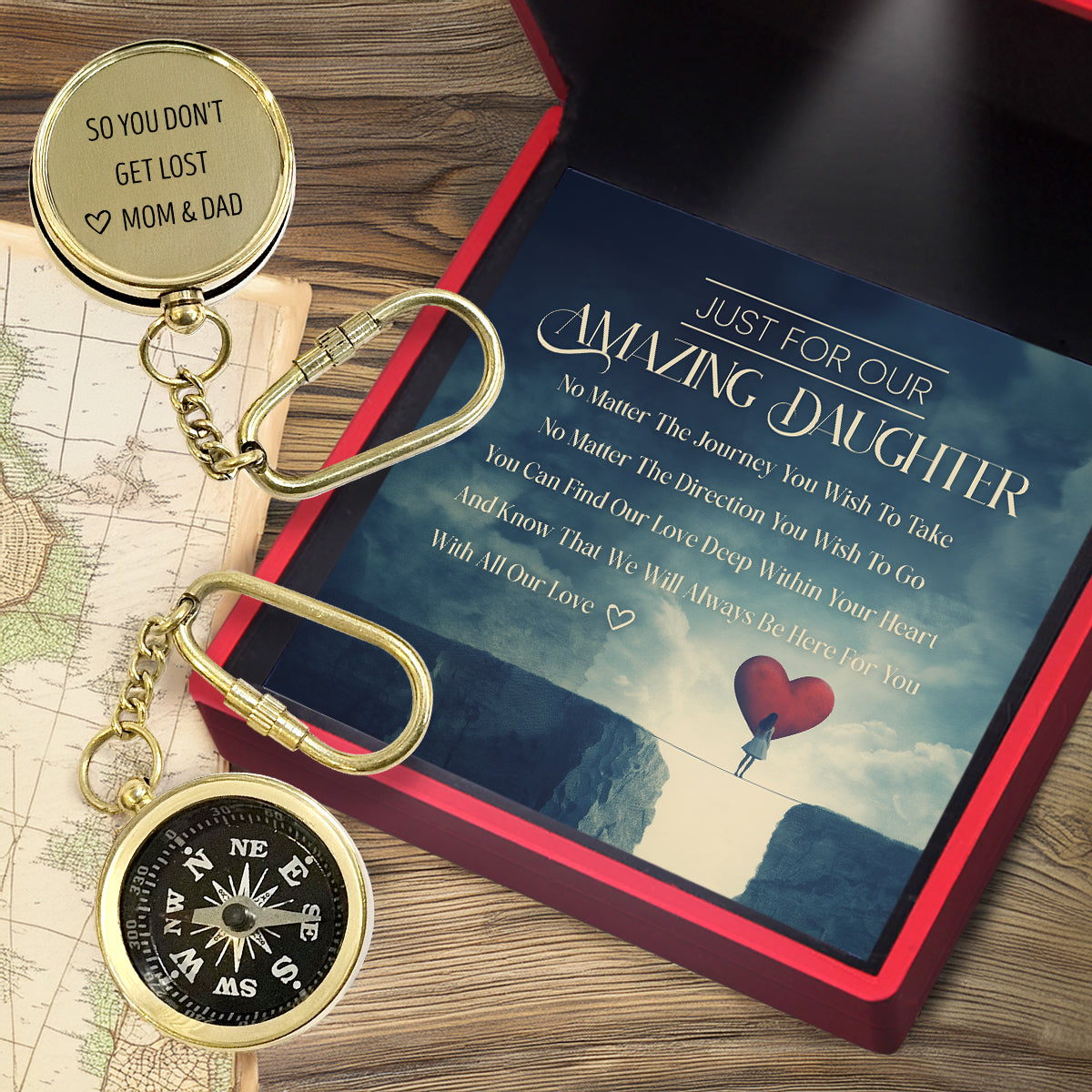 Personalized Brass Compass Keychain - Family - Just For Our Amazing Daughter - With All Our Love - Gkqj17005