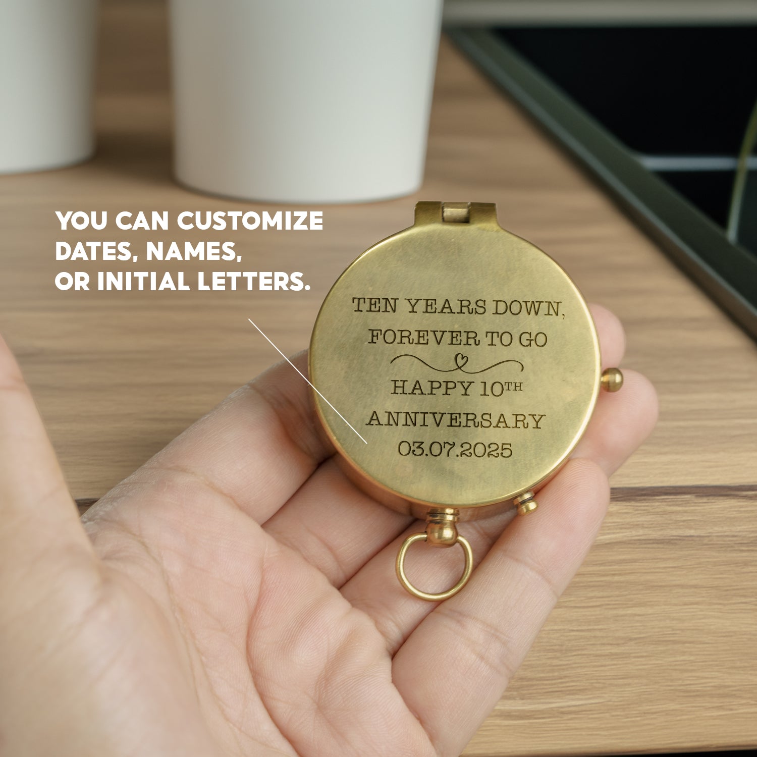 Personalized Engraved Bronze Compass - Handmade 10 years Anniversary Gift for Couples | Custom Name, Date - Gpb26256