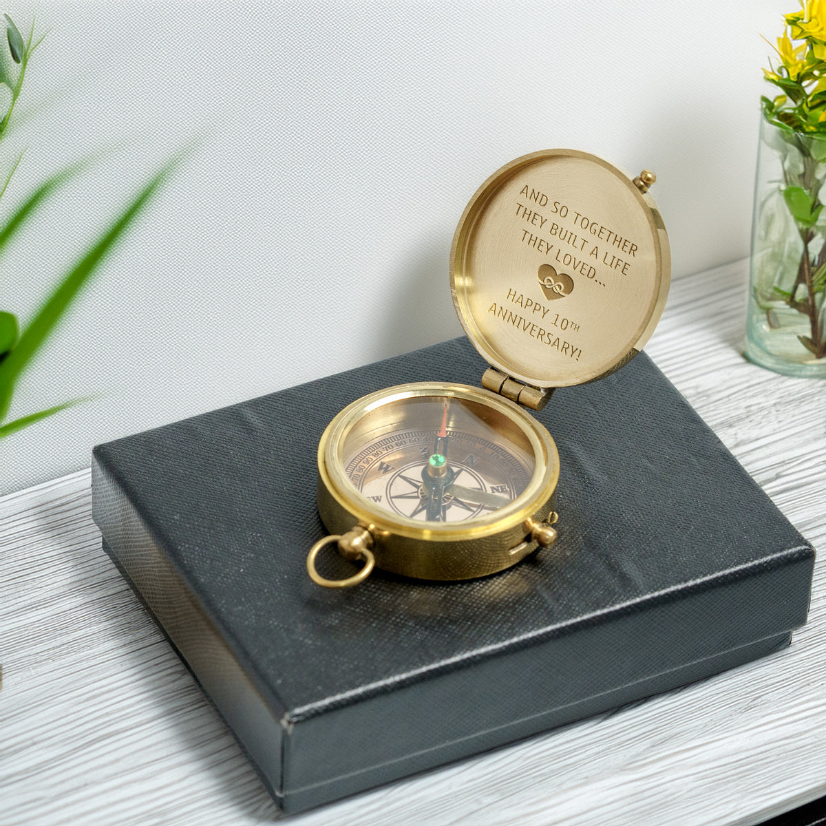 Personalized Engraved Bronze Compass - Handmade 10 years Anniversary Gift for Couples | Custom Name, Date - Gpb26252