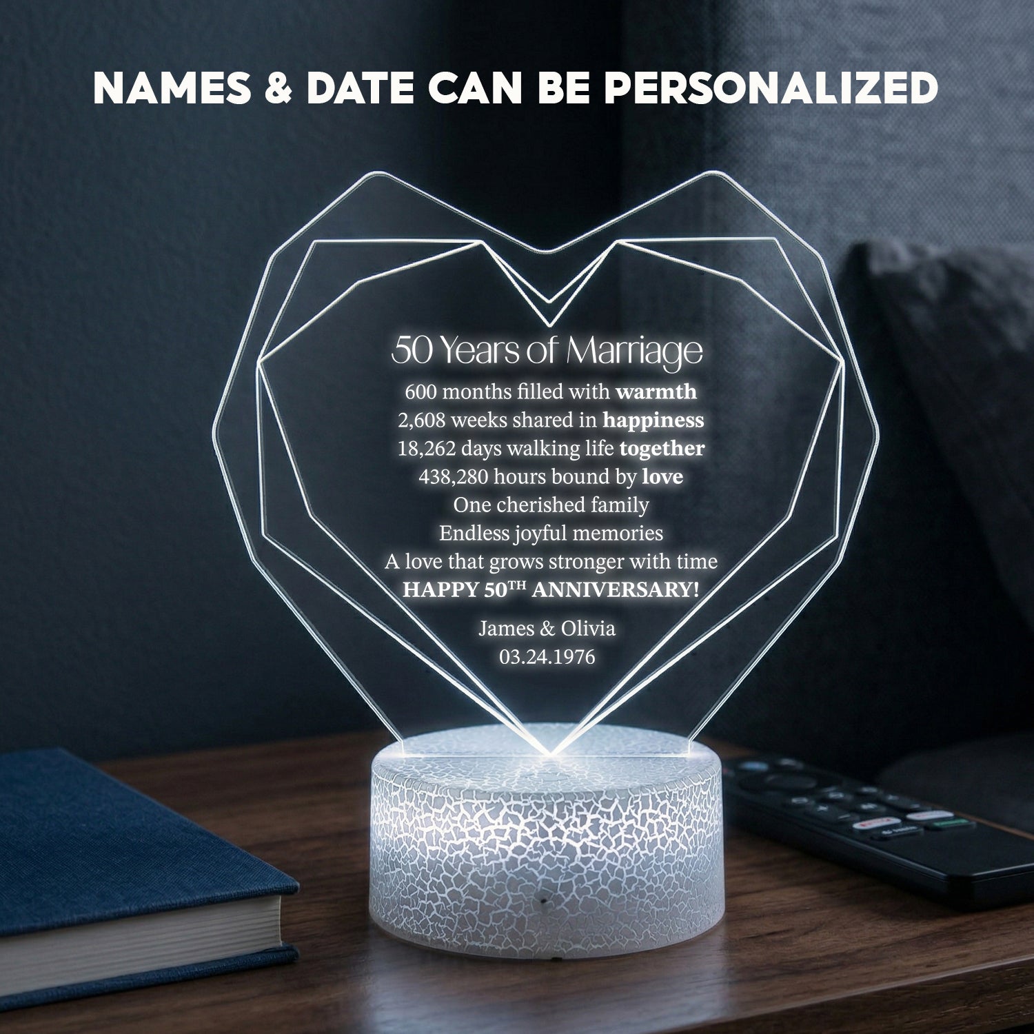 Personalized Heart Led Light - 50 years Anniversary Gift for Grandpa & Grandma - Custom Name, Date - Glca20003