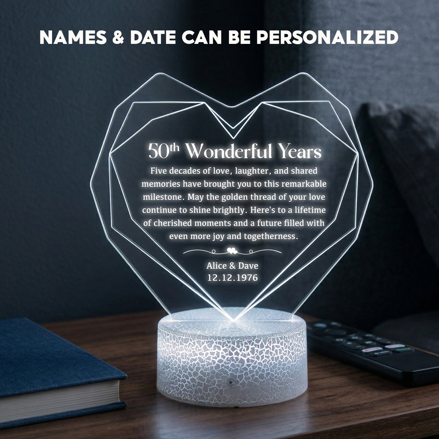 Personalized Heart Led Light - 50 years Anniversary Gift for Grandpa & Grandma - Custom Name, Date - Glca20004