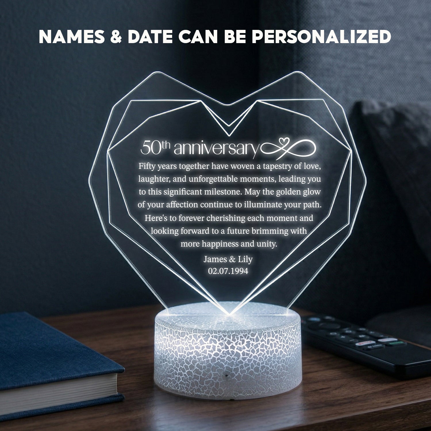 Personalized Heart Led Light - 50 years Anniversary Gift for Grandpa & Grandma - Custom Name, Date - Glca20005