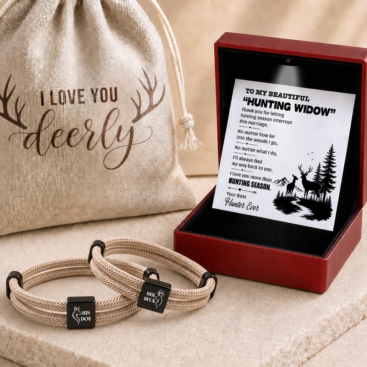 Personalized Buck & Doe Hunting Couple Bracelets - To Beautiful "Hunting Widow" - Gbzx15011