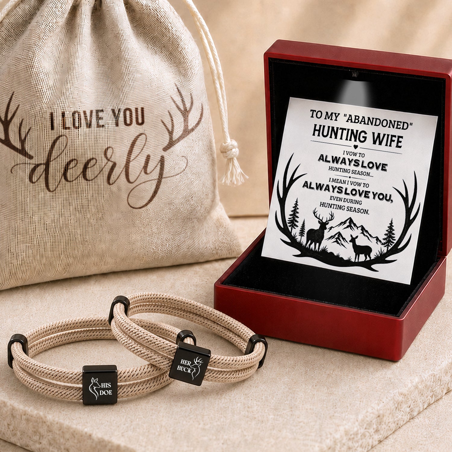Personalized Buck & Doe Hunting Couple Bracelets - To Abandoned Hunting Wife - Gbzx15005