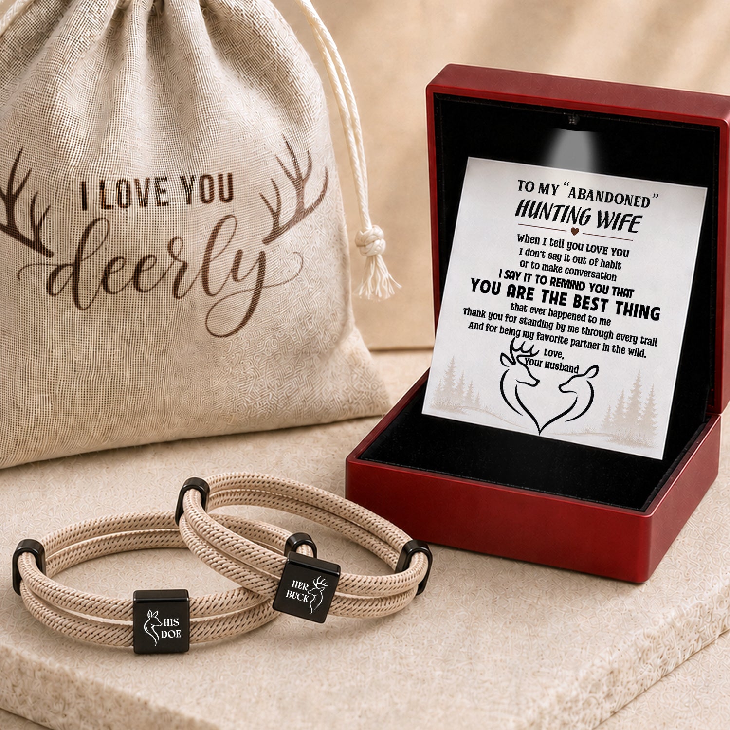 Personalized Buck & Doe Hunting Couple Bracelets - To Abandoned Hunting Wife - Gbzx15004