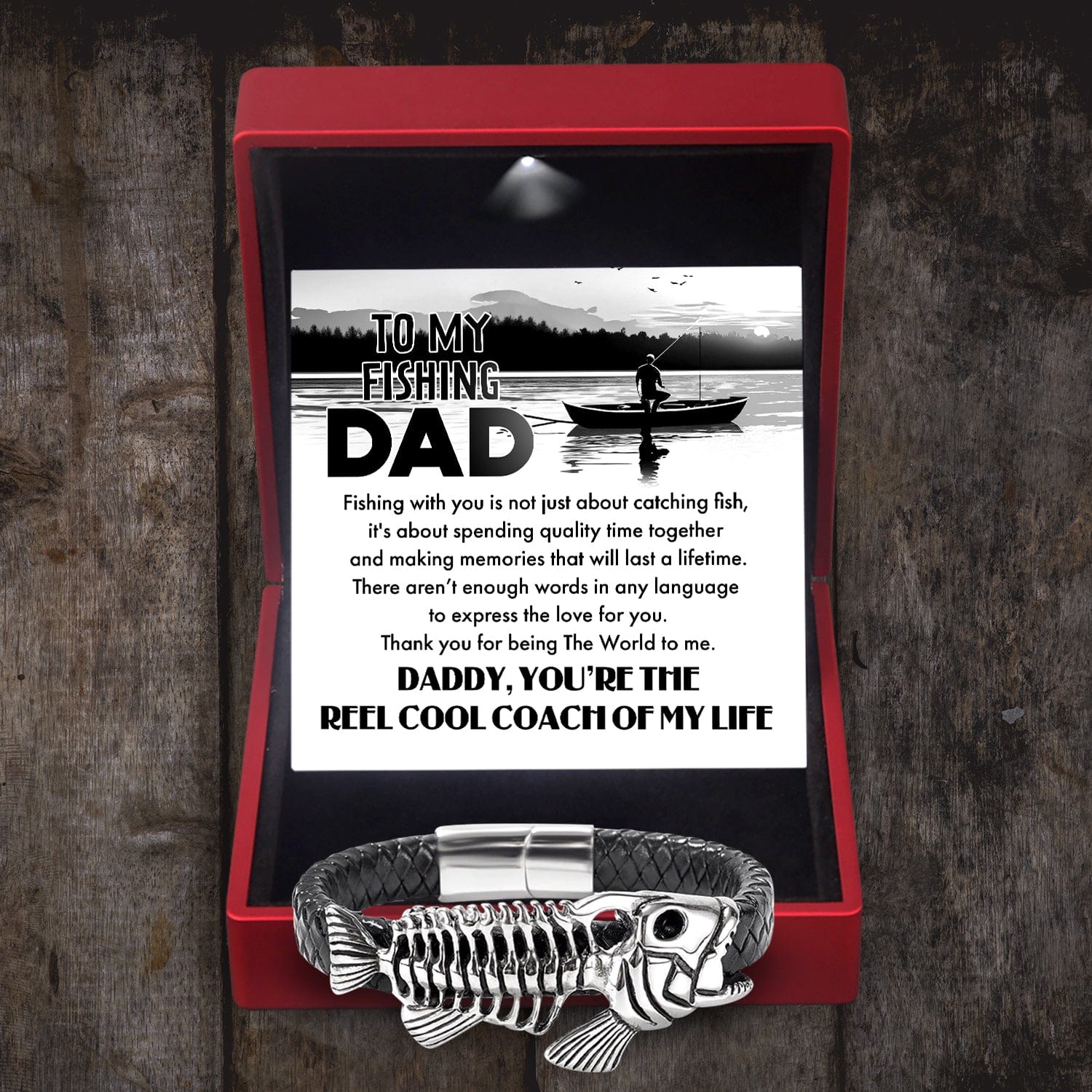 Black Leather Bracelet Fish Bone - Fishing - to My Dad - You’re The Reel Cool Coach of My Life - Gbzr18002 LED Light Box +$15