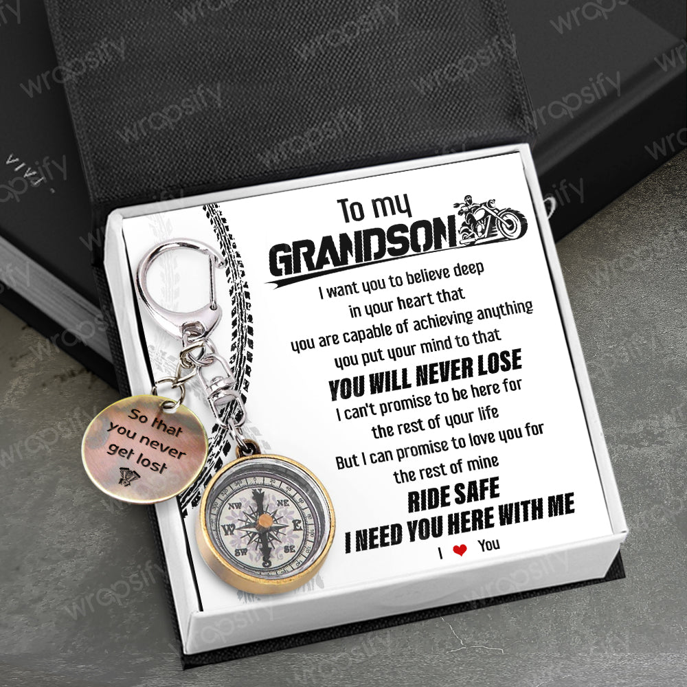 Mini Compass Keychain - Biker - To My Grandson - You Will Never Lose - Gkez22001