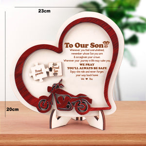 Wooden Motorcycle Heart Sign - Biker - To Our Son - We Pray You'll Always Be Safe - Gan16001