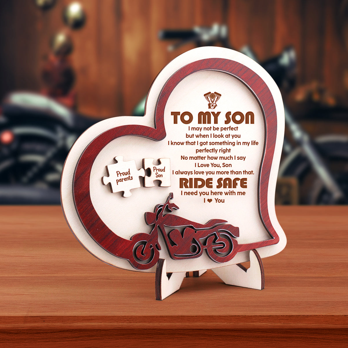 Wooden Motorcycle Heart Sign - Biker - To My Son - I Always Love You More Than That - Gan16006