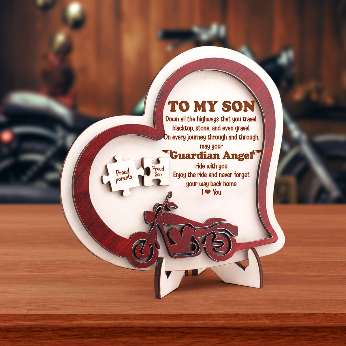 Wooden Motorcycle Heart Sign - Biker - To My Son - Enjoy The Ride And Never Forget Your Way Back Home - Gan16005