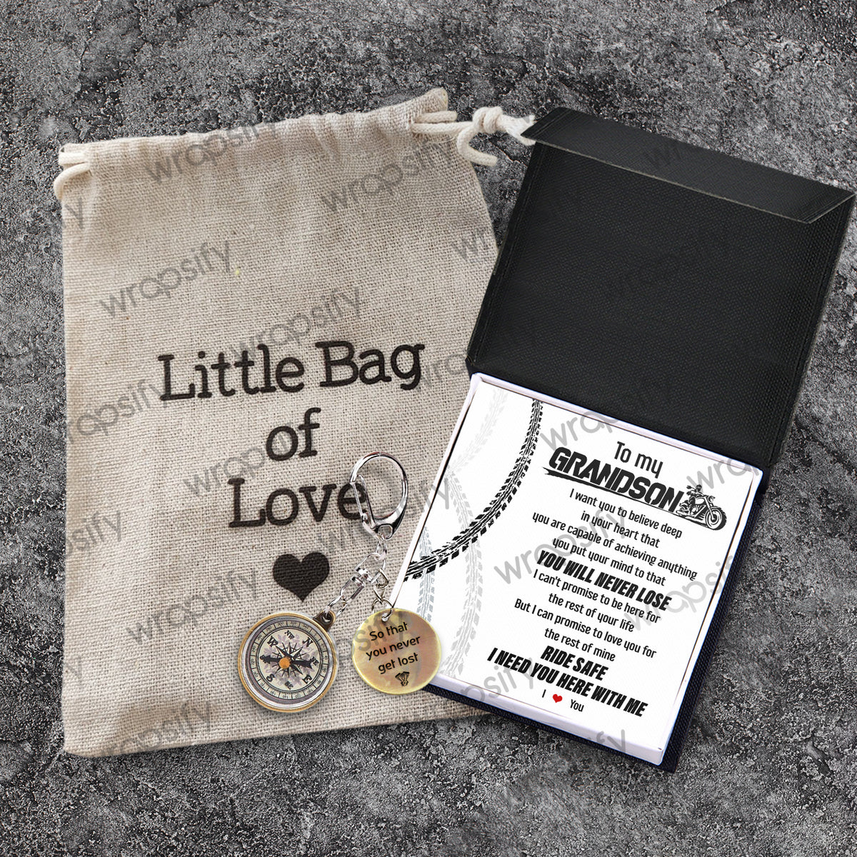 Mini Compass Keychain - Biker - To My Grandson - You Will Never Lose - Gkez22001