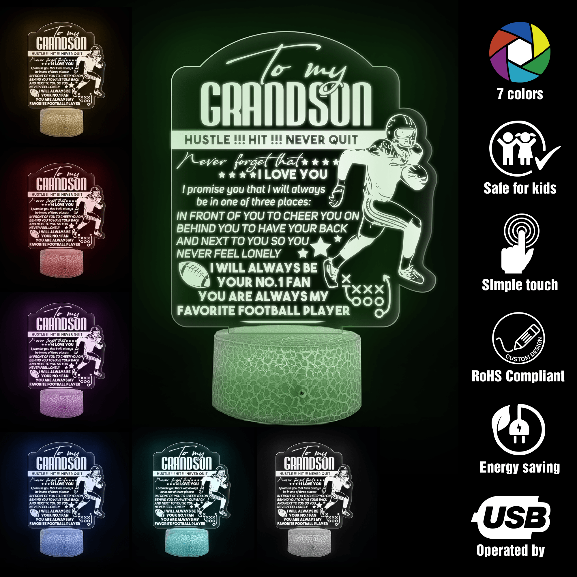 3D Led Light - American Football - To My Grandson - I Will Always Be Your No.1 Fan - Glca22009