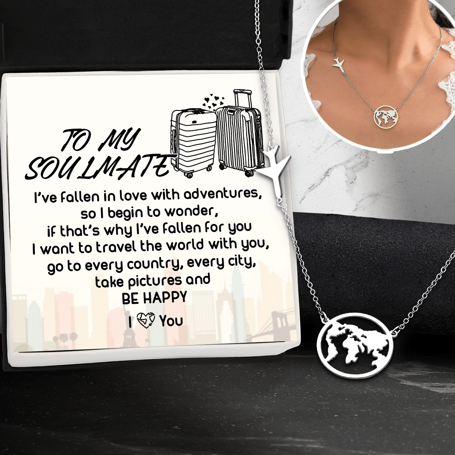 Airplane Globe Necklace - Travel - To My Soulmate - I Want To Travel The World With You - Gnnv13004