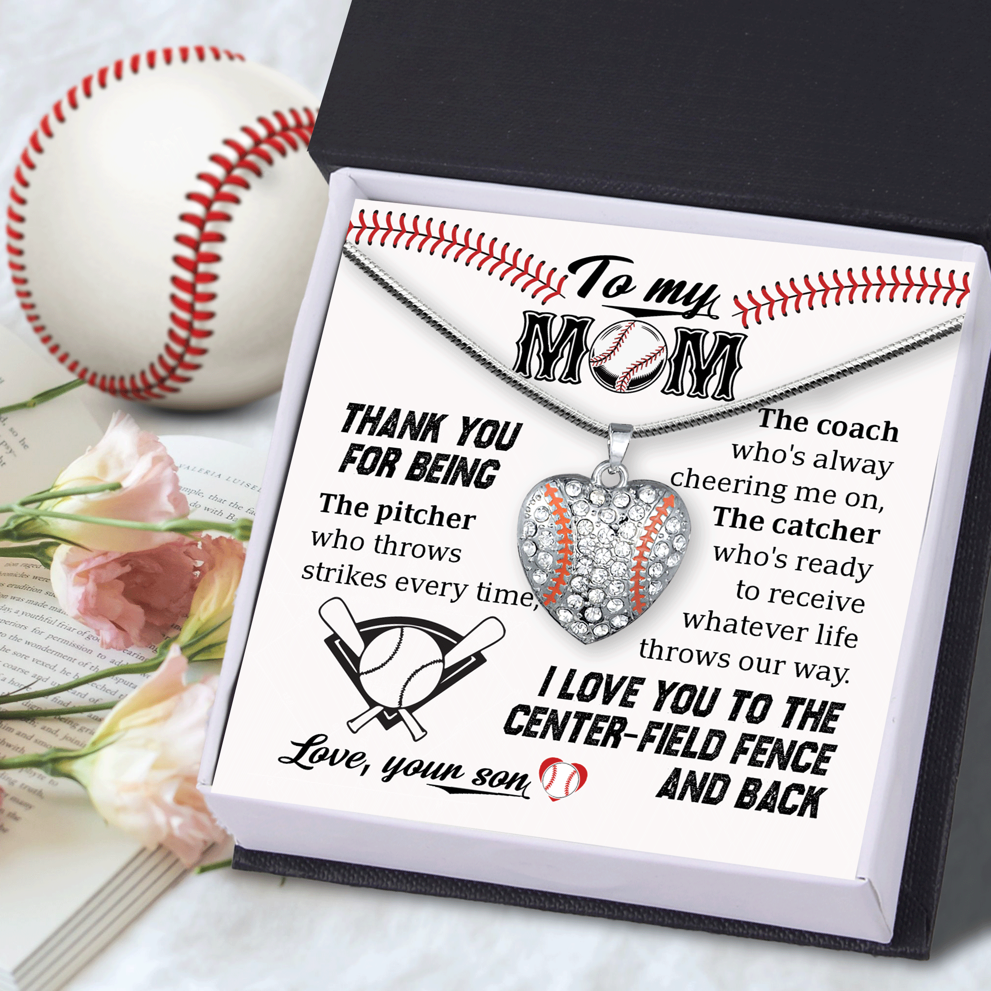 Baseball Heart Necklace - Baseball - to My Mom - I Love You to The Center-field Fence and Back - Gnd19022 Standard Box