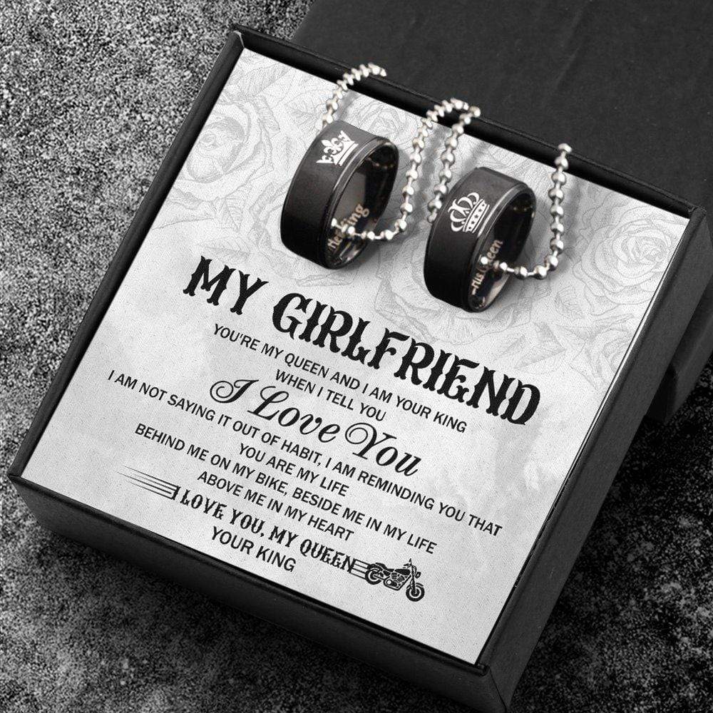Biker Couple Pendant Necklaces - Her King His Queen Crown Letter Necklaces - My Girlfriend - Gnw13003