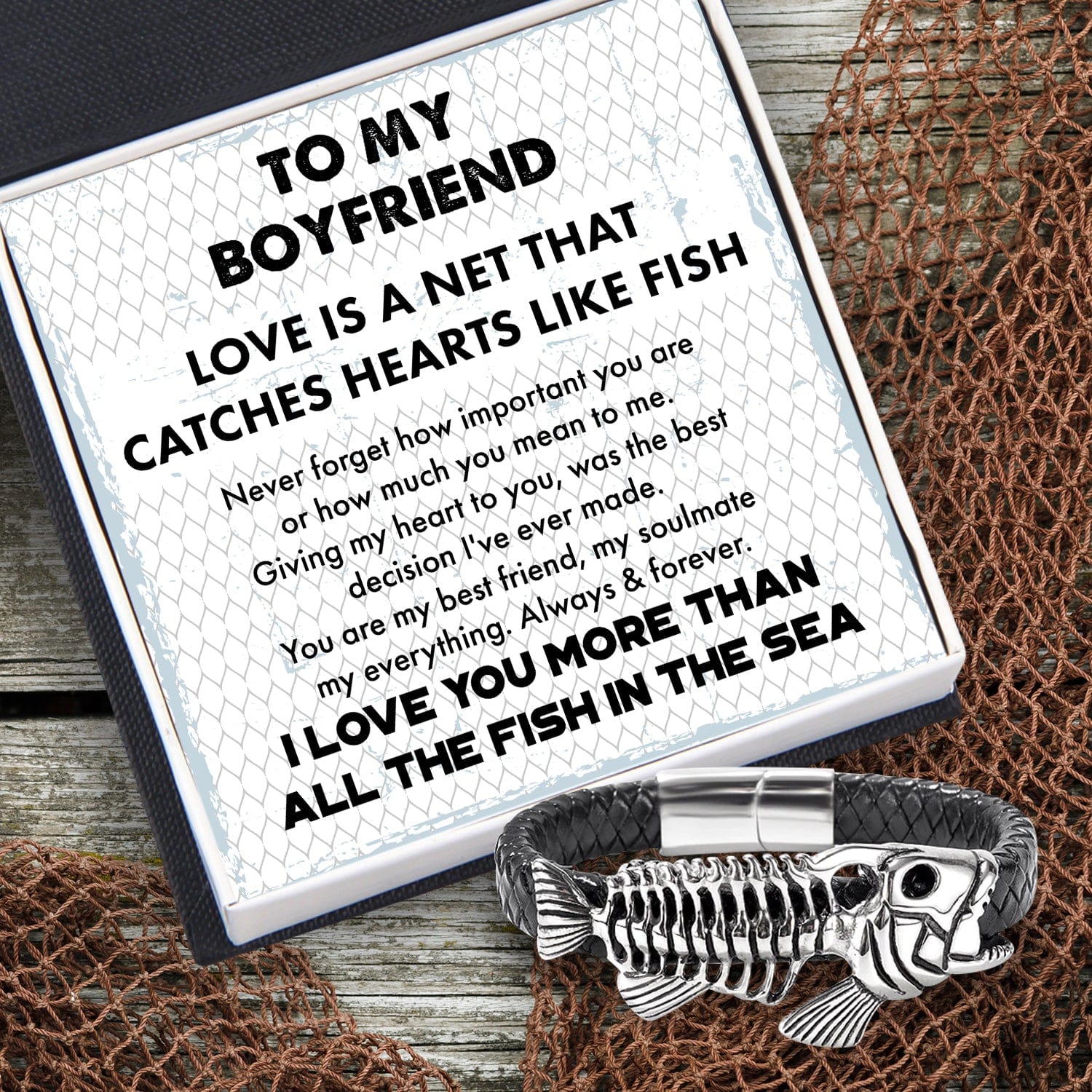 Black Leather Bracelet Fish Bone - Fishing - To My Boyfriend - Always & Forever - Gbzr12001