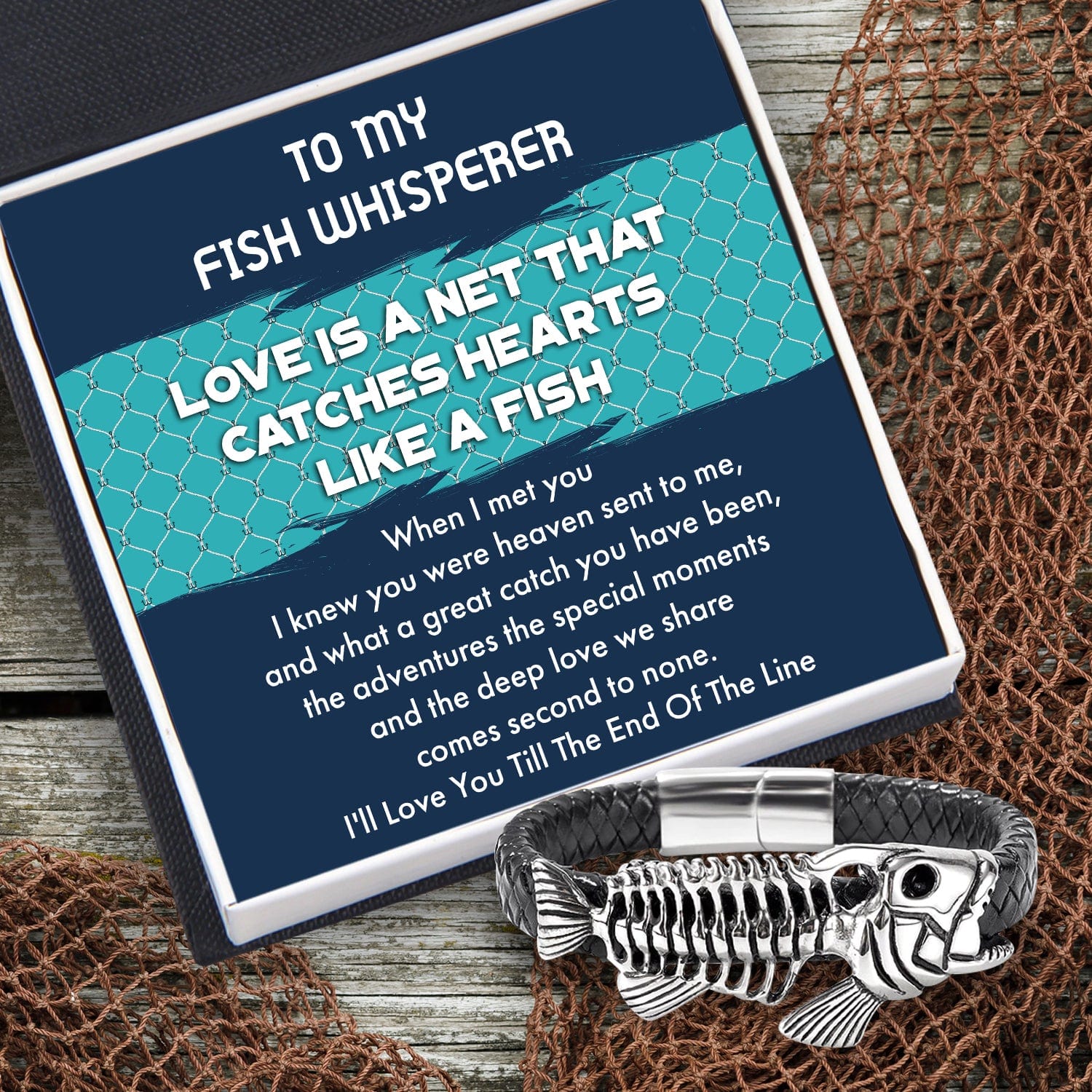 Black Leather Bracelet Fish Bone - Fishing - To My Fish Whisperer - I'll Love You Till The End Of The Line - Gbzr26002