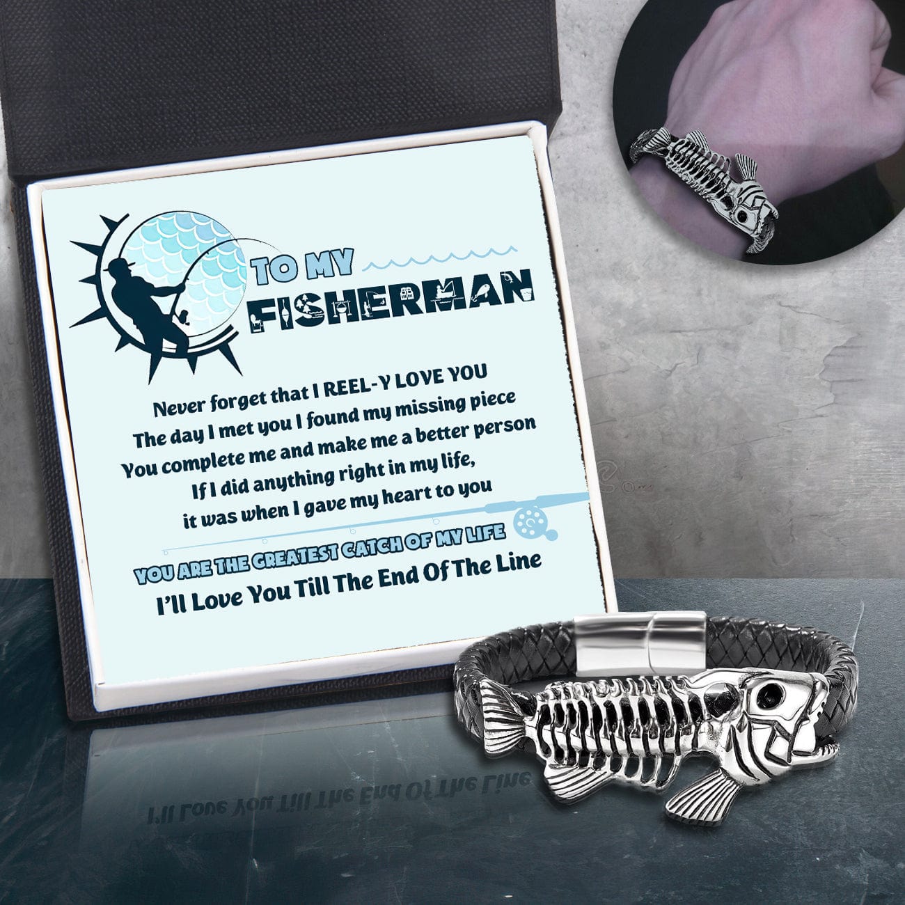 Black Leather Bracelet Fish Bone - Fishing - To My Fisherman - I Reel-y Love You - Gbzr26005