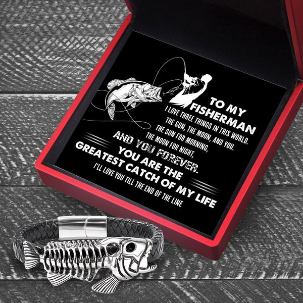 Black Leather Bracelet Fish Bone - Fishing - to My Dad - You’re The Reel Cool Coach of My Life - Gbzr18002 LED Light Box +$15