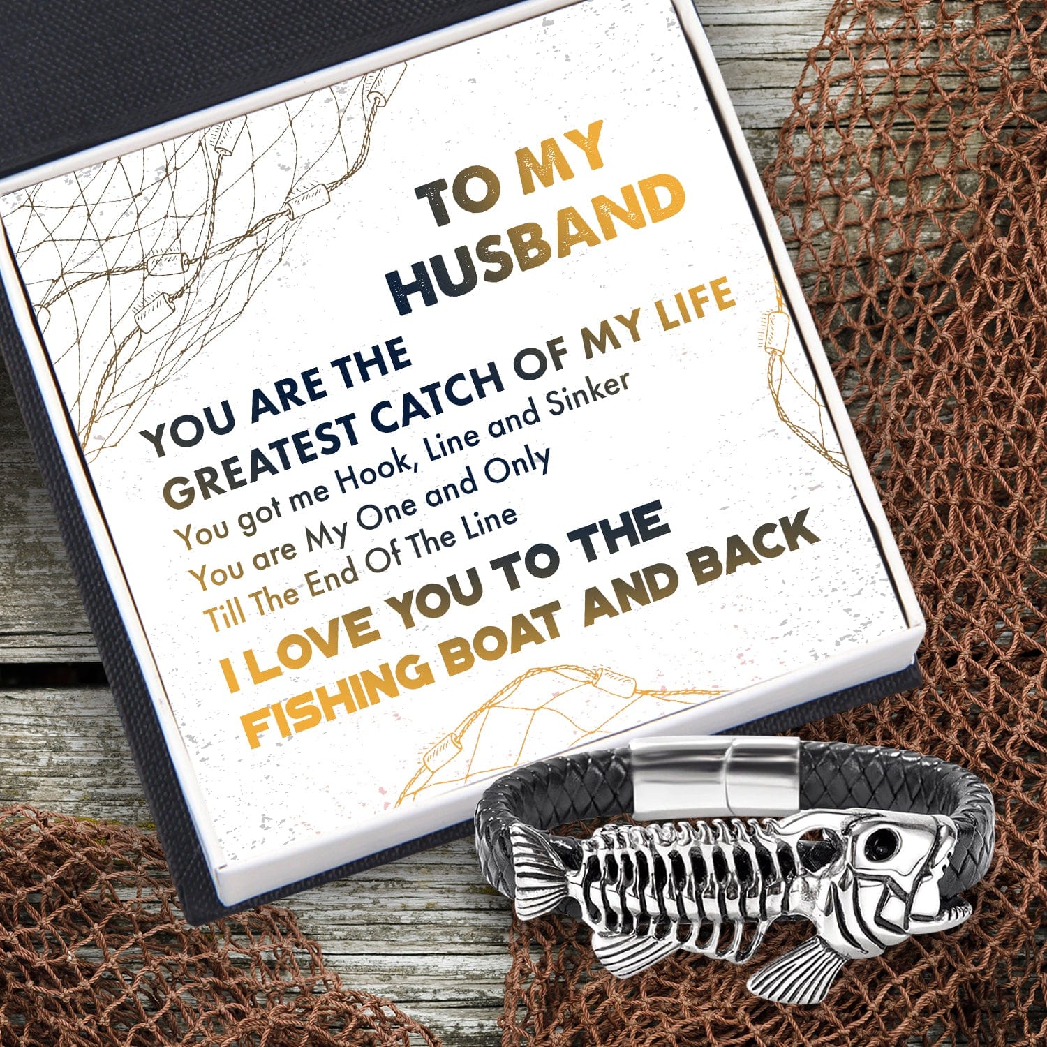 Black Leather Bracelet Fish Bone - Fishing - To My Husband - You Are My One and Only - Gbzr14001