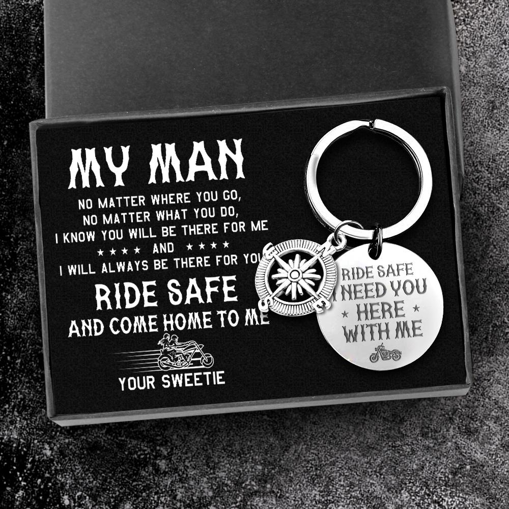 Compass Keychain - Biker Gift Idea - Ride Safe I Need You Here With Me - Old School Bike - Gkw26001