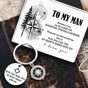 Compass Keychain - Hiking - To My Man - Because Of You, My Life Is Filled With Adventure, Wonder & Happiness - Gkw26031