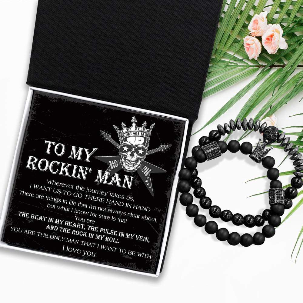 Couple Crown And Skull Bracelets - Guitar - To My Rockin' Man - You Are The Beat In My Heart - Gbu26015