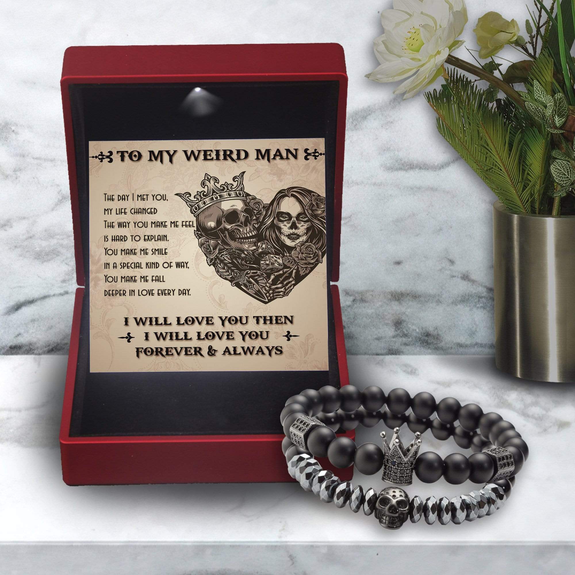 Couple Crown and Skull Bracelets - Skull & Tattoo - To My Man - Deeper In Love Every Day - Gbu26011