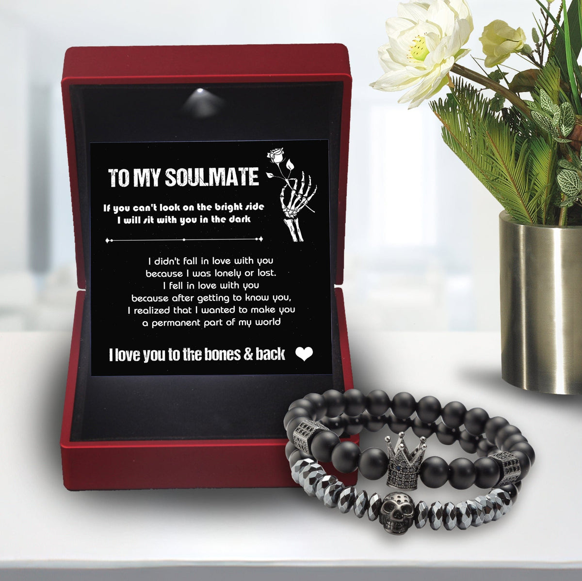 Couple Crown and Skull Bracelets - Skull & Tattoo - To My Soulmate - I Love You To The Bones & Back  - Gbu13006