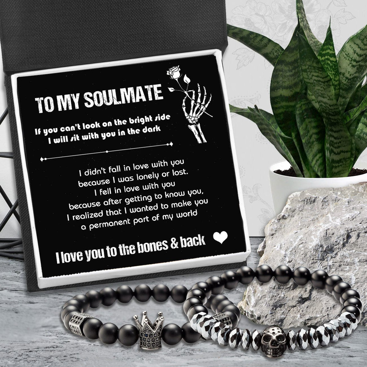 Couple Crown and Skull Bracelets - Skull & Tattoo - To My Soulmate - I Love You To The Bones & Back  - Gbu13006