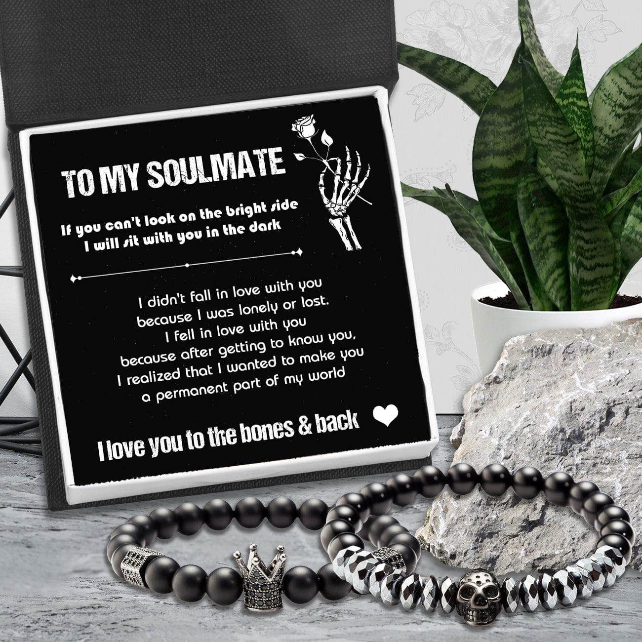 Couple Crown and Skull Bracelets - Skull & Tattoo - To My Soulmate - I Love You To The Bones & Back  - Gbu13006