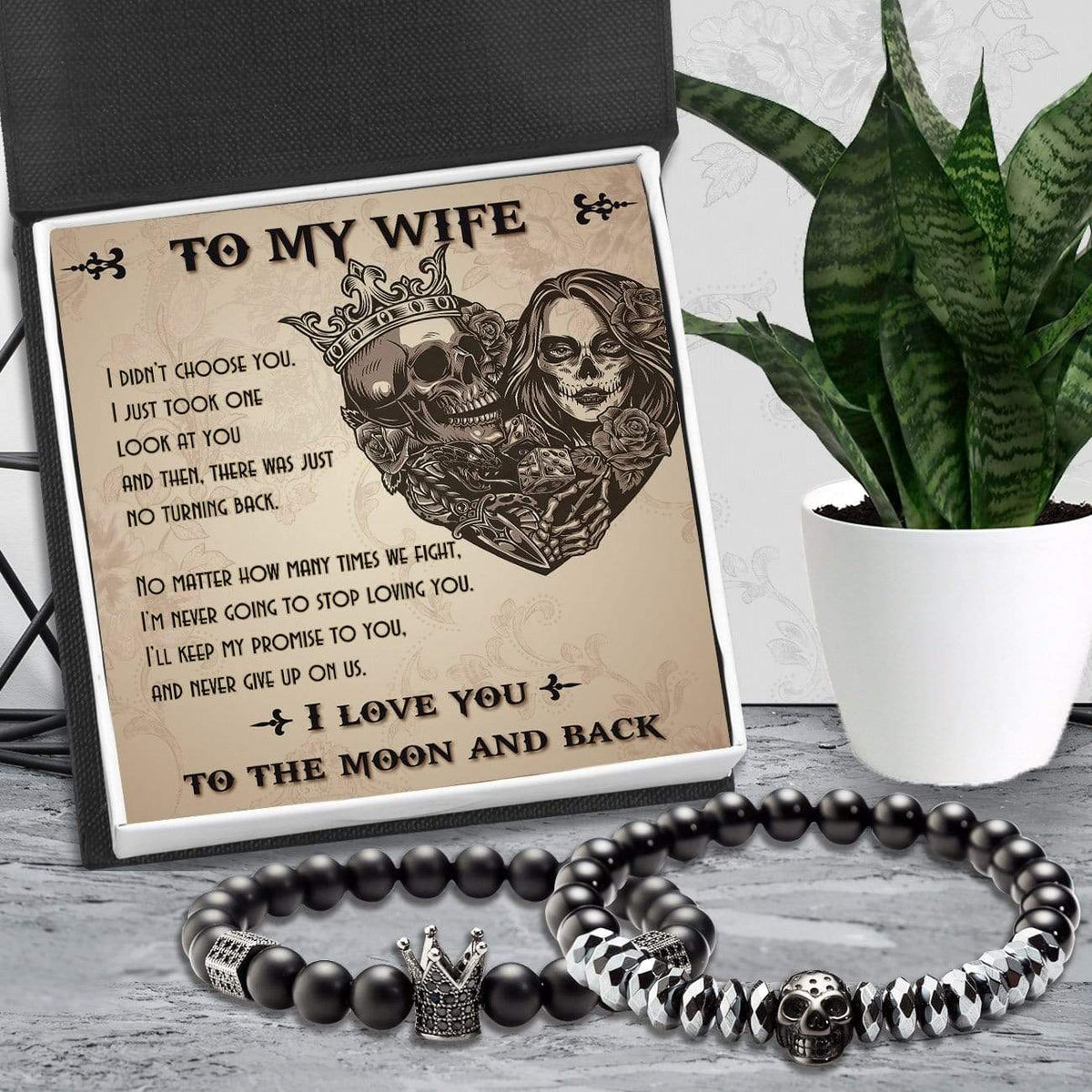 Couple Crown and Skull Bracelets - Skull & Tattoo - To My Wife - Never Give Up On Us - Gbu15001
