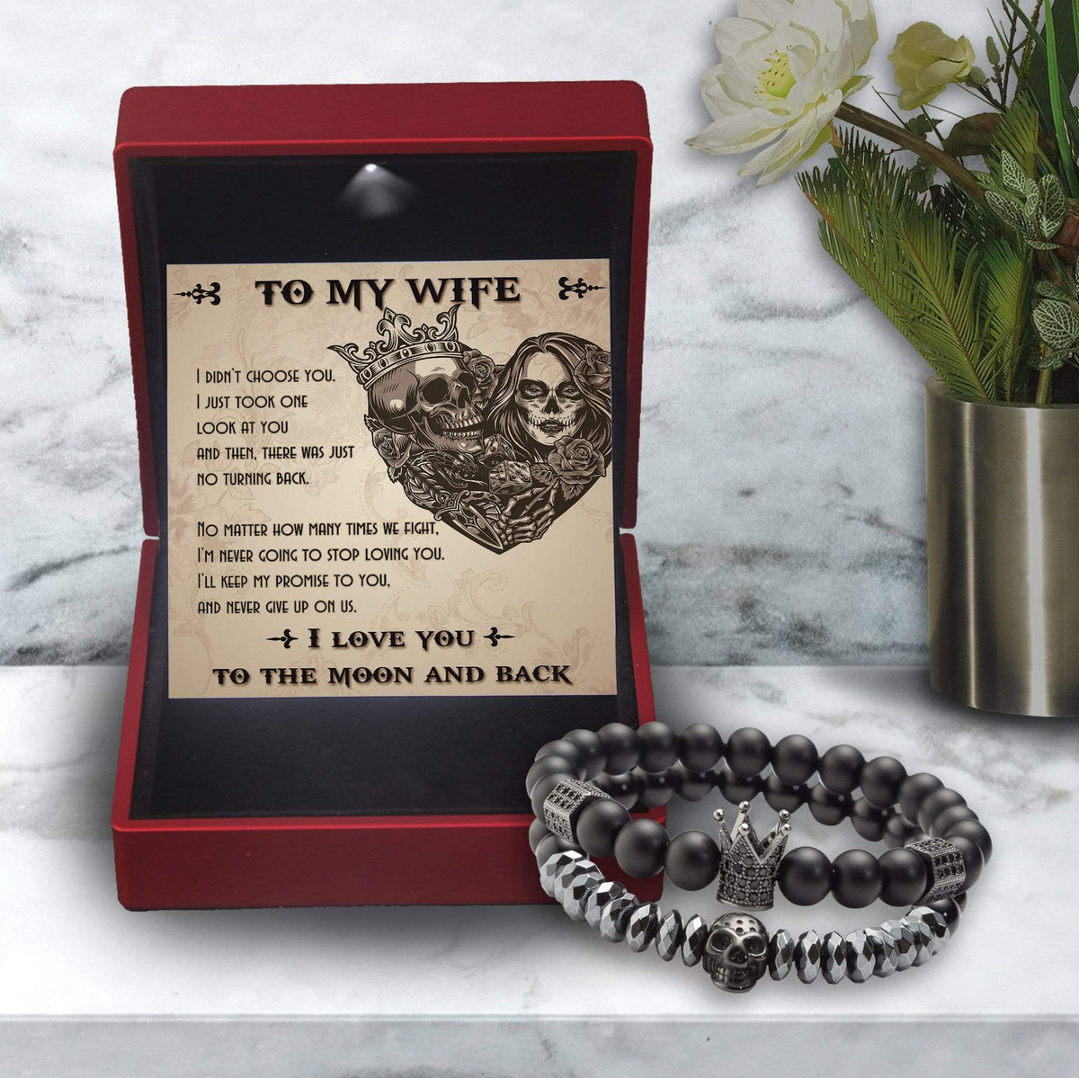 Couple Crown and Skull Bracelets - Skull & Tattoo - To My Wife - Never Give Up On Us - Gbu15001
