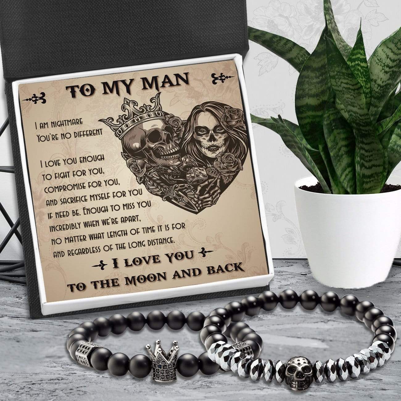 Couple Crown and Skull Bracelets - Skull & Tattoos - To Couple - I Love You To The Moon And Back - Gbu26010